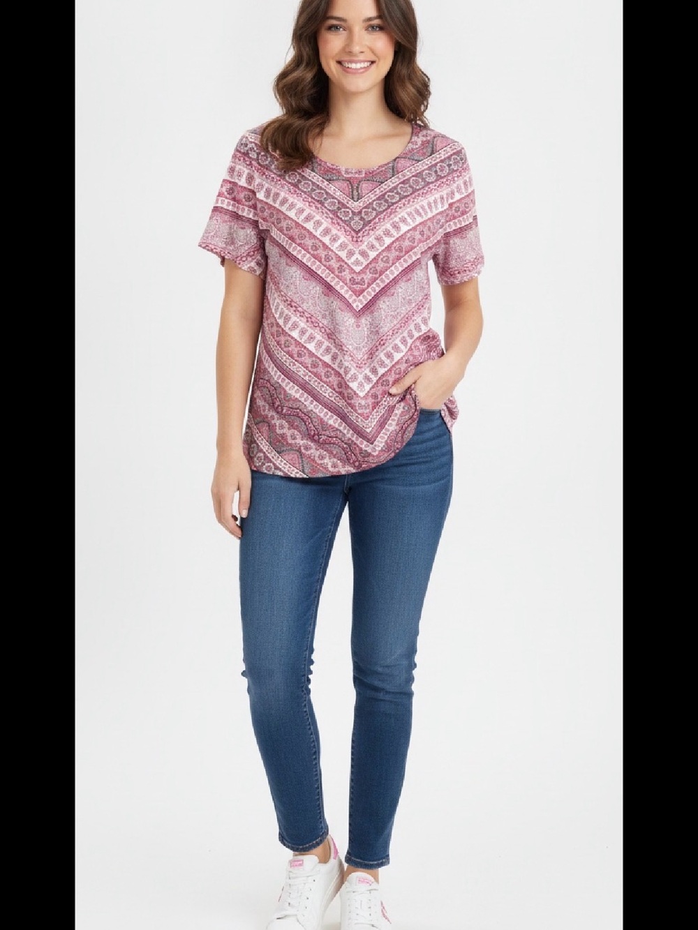Style & Co. Pink Paisley Chevron Short Sleeve Top